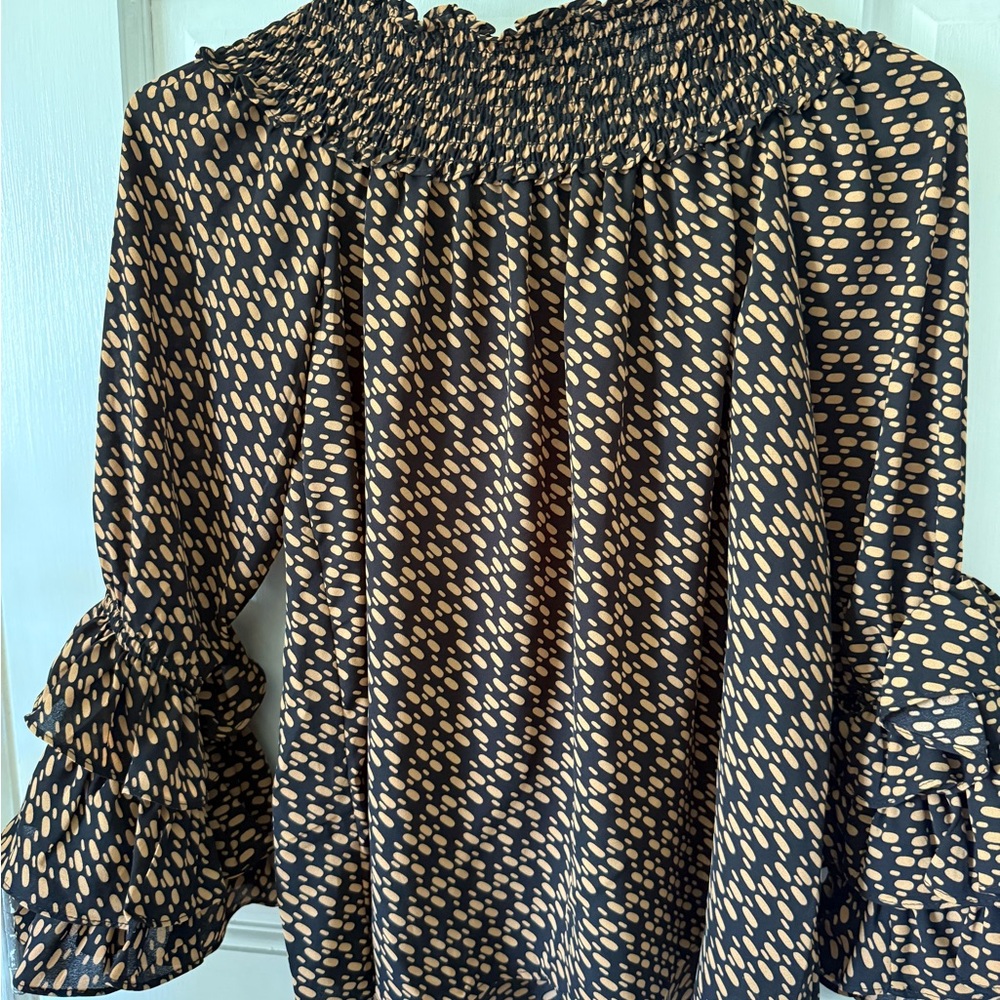 CeCe Black and Beige Ruffled Blouse with Peter Pan Collar